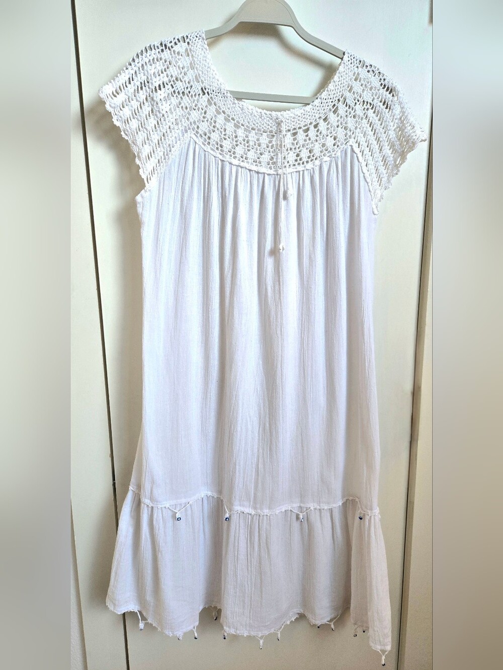 Vintage-Inspired Greek Cotton Gauze Crochet Lace Evil Eye Bead Dress